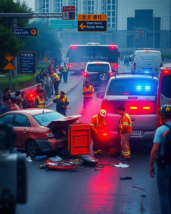 An artistic representation of a traumatic car accident on a busy road, showcasing emergency responders at work, wrecked vehicles, and a distressed crowd. The colors convey a sense of urgency.