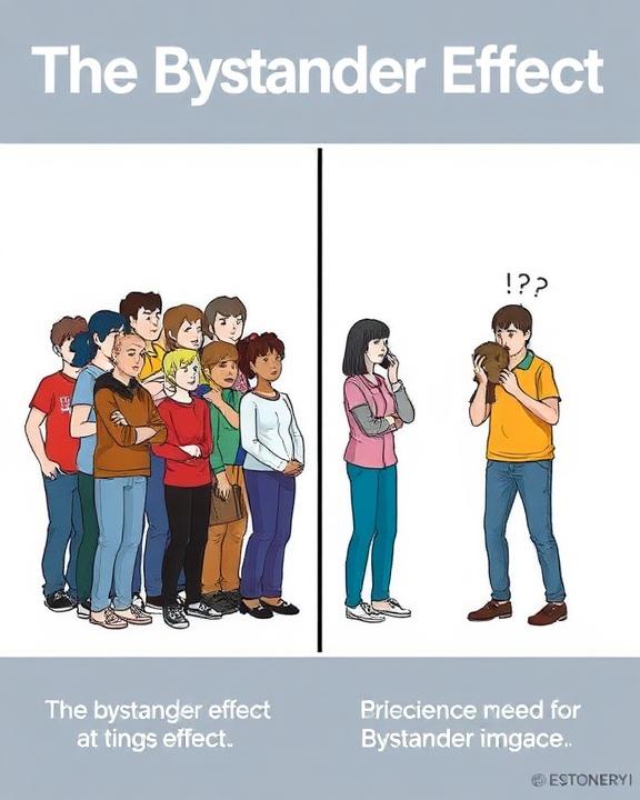 An illustration showing a symbolic representation of the bystander effect in social situations. A diverse group of people standing together on one side, looking passive and uncertain, while on the other side someone is in distress.