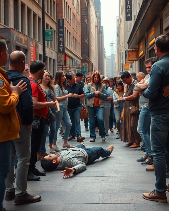 A scene depicting a busy urban street with people witnessing an emergency situation, but seemingly indifferent. In the foreground, there is a person lying on the ground, while a group of onlookers surrounds them, looking at each other with expressions of confusion and hesitation.