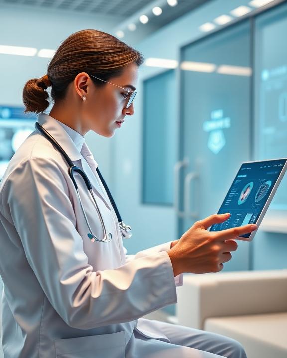 An artistic representation of a healthcare professional in a modern clinic using an AI-assisted device, showcasing advanced medical technology in a comfortable setting.