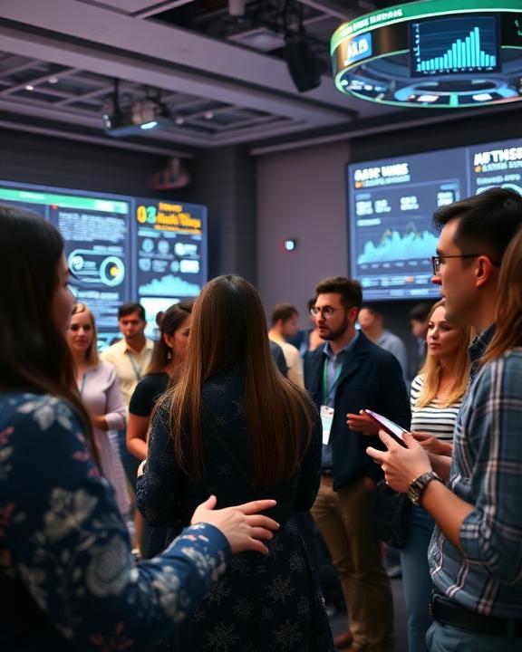 A dynamic and engaging scene that captures the essence of a technological conference focused on mental health and AI, showing diverse individuals engaged in discussions.