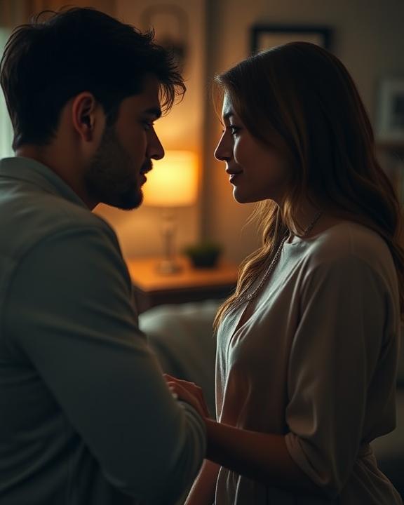 A striking scene of a couple in an intimate conversation in a cozy living room