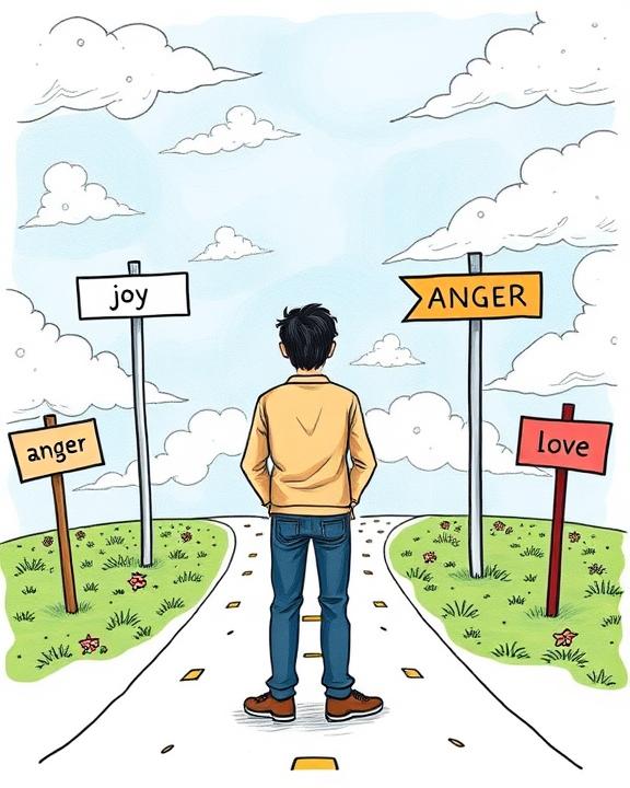 An illustration of a person at a crossroads with signs showing emotions, symbolizing the journey of emotional intelligence