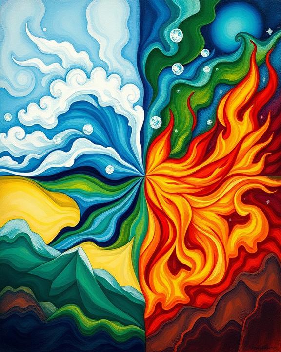 Artwork featuring abstract representations of the four elements: water, air, earth, and fire.