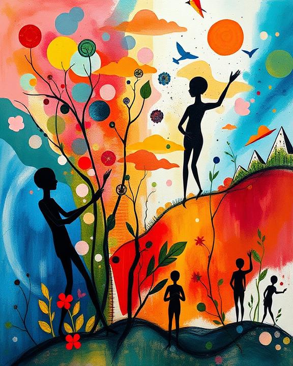 Abstract and colourful artwork depicting human figures interacting with natural elements and symbols of growth.