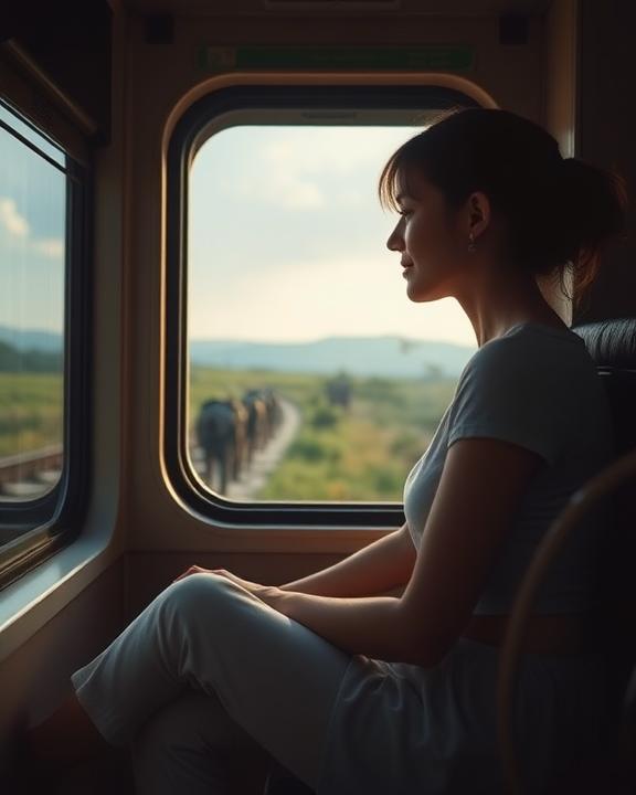 A serene and introspective scene depicting a young woman sitting on a train, suggesting a journey of self-discovery.