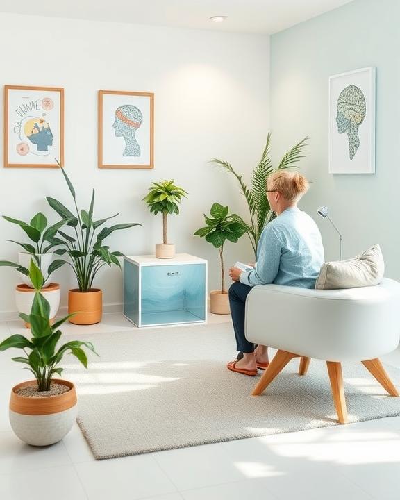 Donna che si rilassa in un moderno ambiente illuminato da piante verdi.