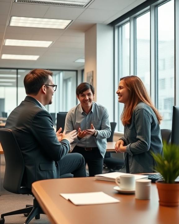 A group of colleagues collaborating in an office setting.