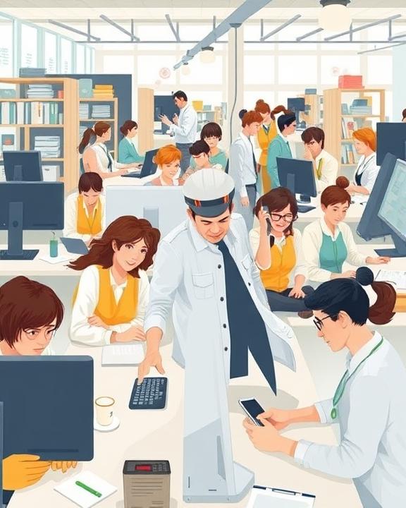 Office environment with people working and interacting.