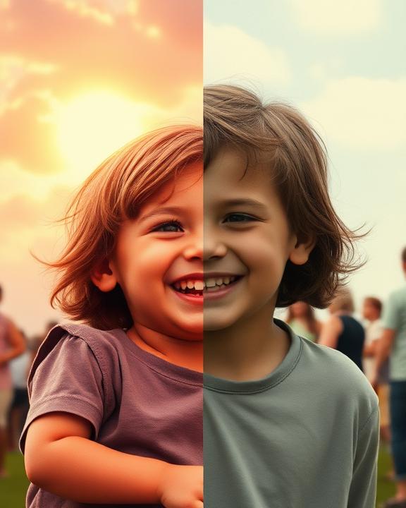 A scene depicting the concept of false memory through a split image: one side showing a vivid recollection of a childhood memory filled with joy, and the other side showing the actual event which appears normal or mundane.