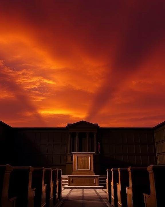 A dramatic sunset over a courtroom, symbolizing justice and memory, with deep orange and purple hues.