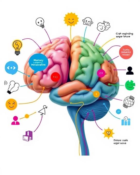 A visual representation of cognitive psychology, illustrating the brain's processes of memory encoding, consolidation, and retrieval, with colorful pathways connecting different areas of the brain.