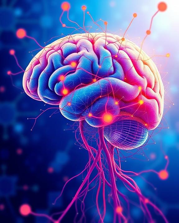An abstract representation of neuroplasticity, showcasing a brain with vibrant colors and interconnected pathways.