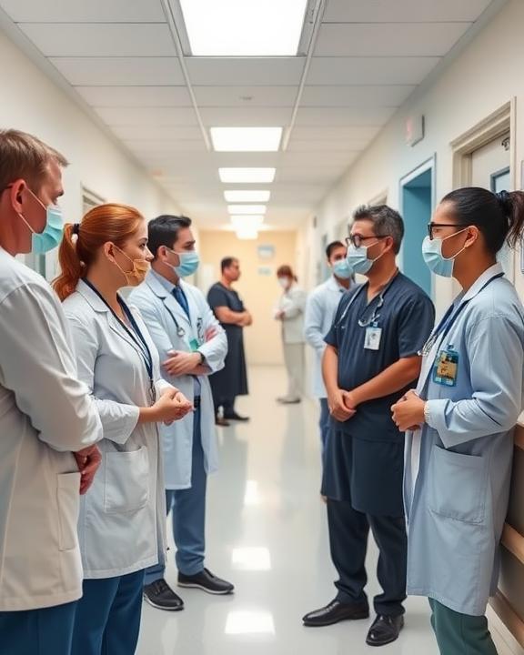 Un gruppo di professionisti della salute in un corridoio d'ospedale.