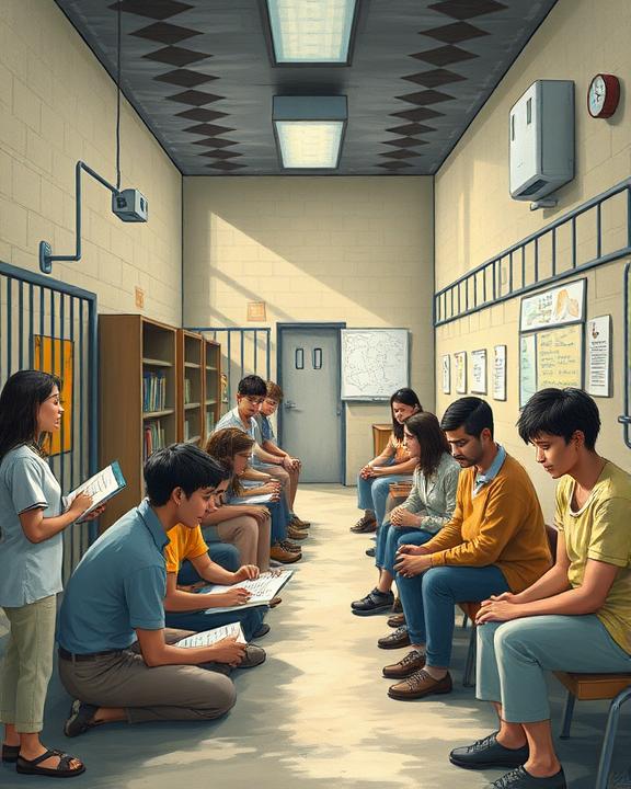 Artistic representation of rehabilitation in a prison, depicting positive elements of hope and human dignity.