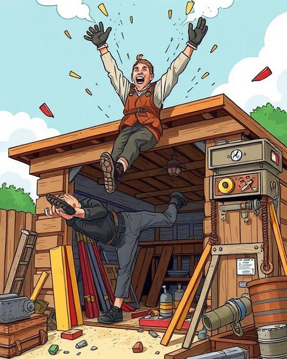 A stylized illustration of a blacksmith falling from the roof of a shed