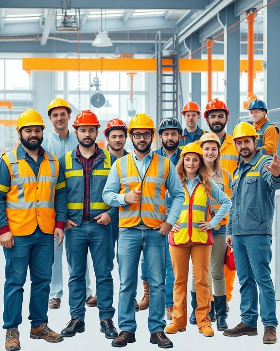 An abstract representation of workplace safety, featuring diverse workers in various environments