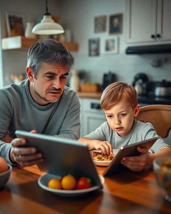 Padre e figlio che usano tablet a tavola.