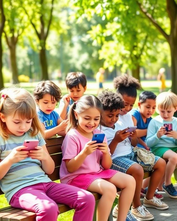 Bambini che usano smartphone all'aperto.