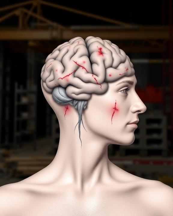A human head with visible cracks and blood, symbolizing the invisible psychological scars left by workplace accidents, emphasizing the need for a holistic approach to safety.