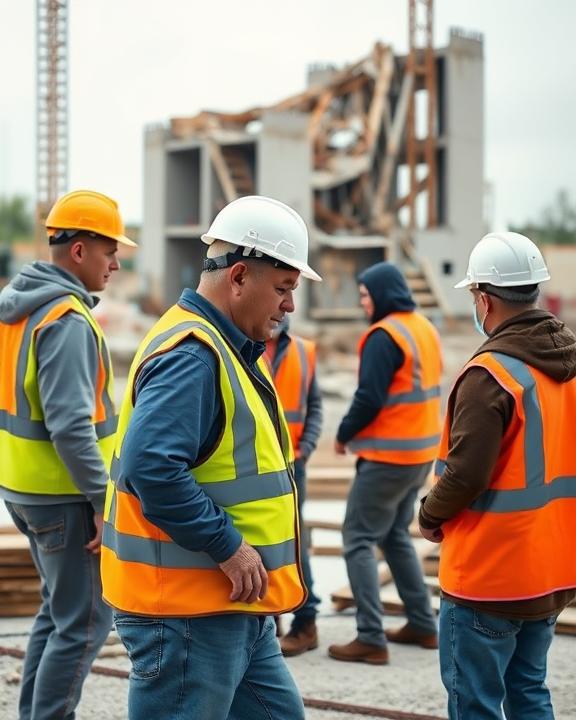 Workers in PPE on a construction site looking at each other, representing the psychological impact and discussions around occupational incidents.