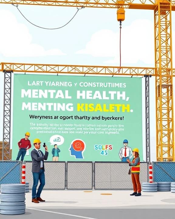 A construction site with a banner promoting mental health and support, showing figures representing psychological assistance, highlighting the need for holistic support for workers.