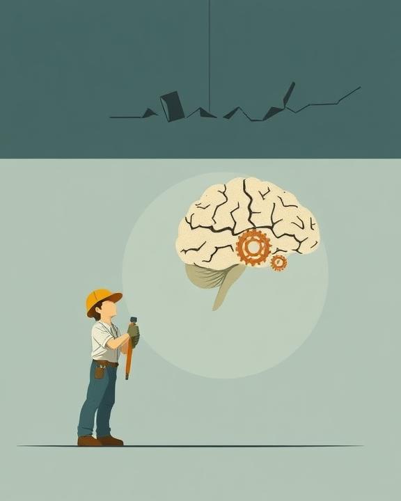 An iconic and inspiring piece of neoplastic and constructivist art that depicts a stylized construction worker wearing a hard hat and holding tools, pure geometric lines representing a collapsing structure, an abstract figure symbolizing stress with broken lines, and a stylized brain with gears.