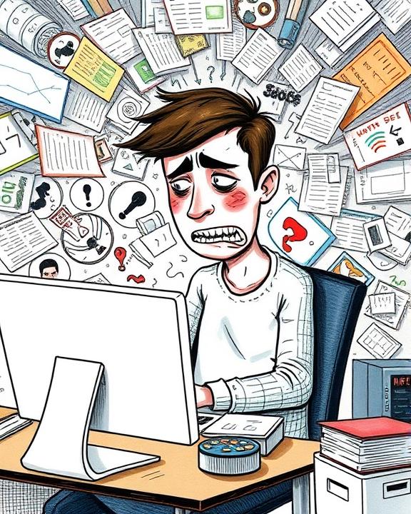 A person surrounded by chaotic information, depicting anxiety caused by misinformation.