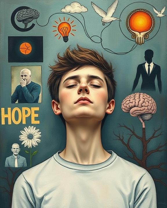 A person reflecting on mental health, surrounded by imagery representing depression and hope, and neural pathways, depicting the journey of healing.