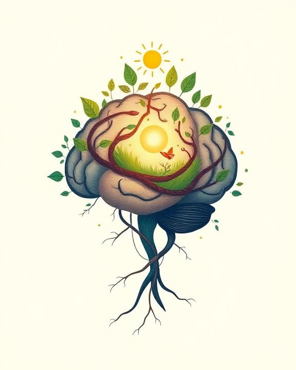 Brain with growing leaves and a sun, symbolizing mental health and growth