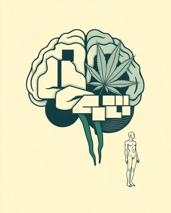 Brain and person illustration with cannabis leaf.