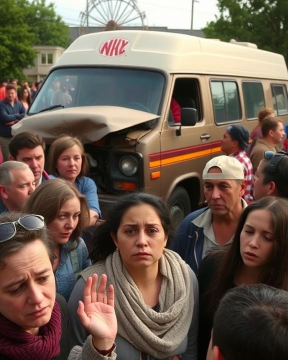 A minivan surrounded by a crowd of people looking distressed.