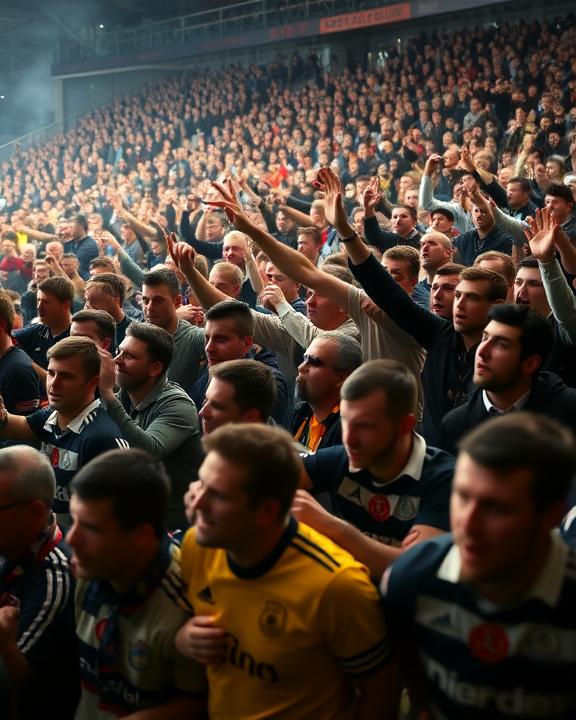 A large crowd of people with their arms raised inside a stadium.