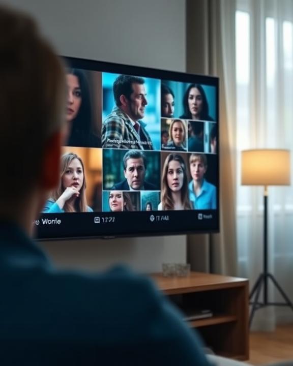 A person watching multiple monitors on a TV screen.