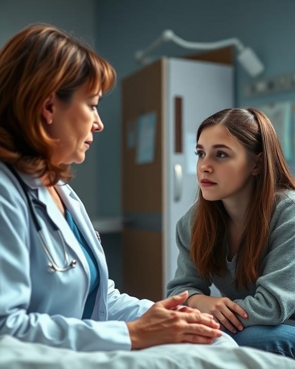 A doctor talking to a young patient.