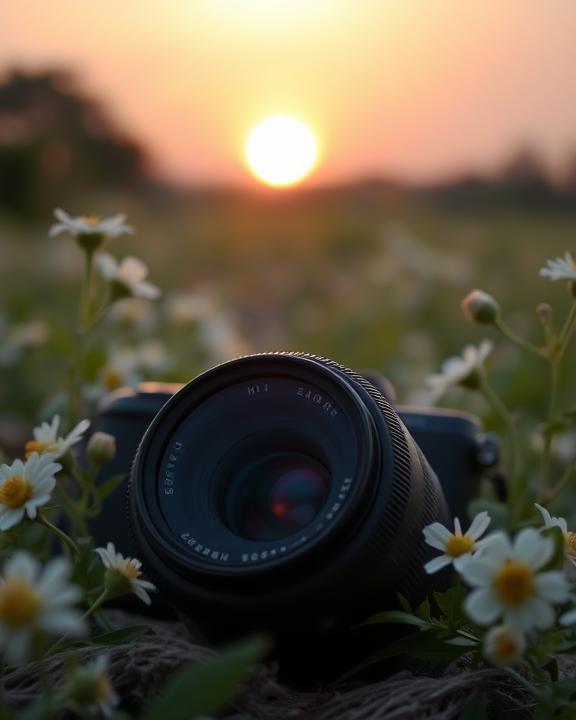 A photo of an analog camera in a field of flowers with the sun setting in the background.