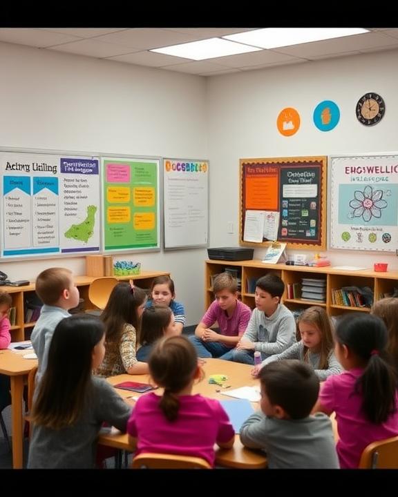 Group of children and psychologist in a supportive school setting
