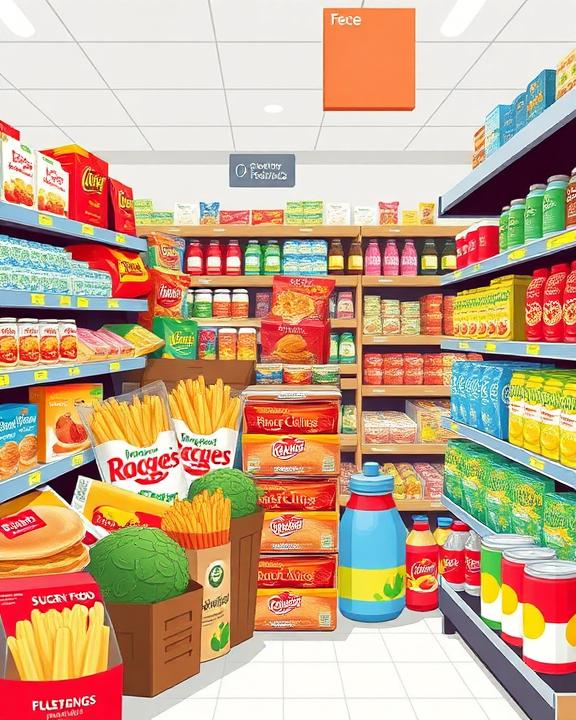 An aisle in a grocery store, focus on processed foods