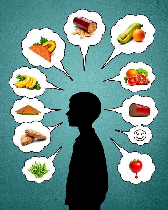 Silhouette of a person with thought bubbles representing food choices, some healthy and some unhealthy.