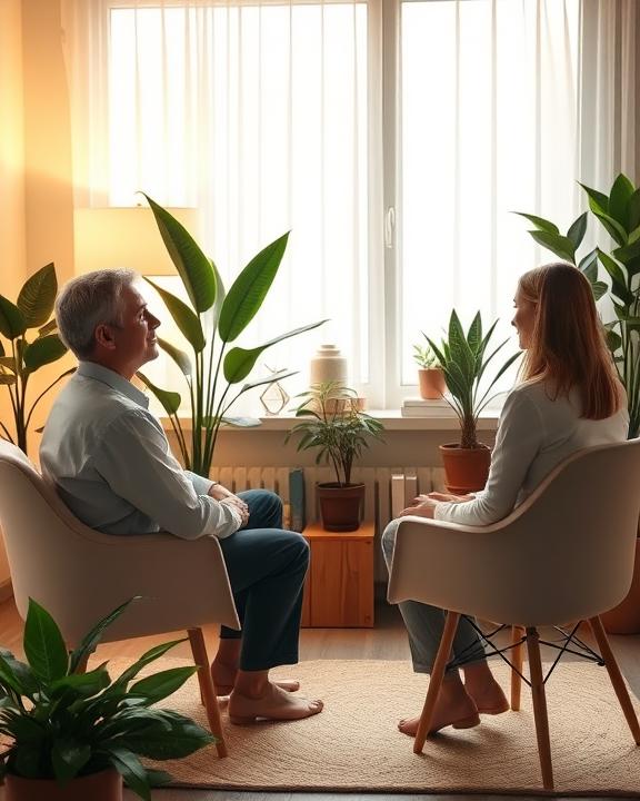 Therapeutic setting with a psychologist and a patient discussing trauma and emotions