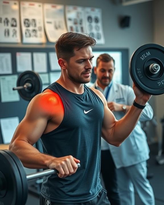 Man with shoulder pain while weightlifting