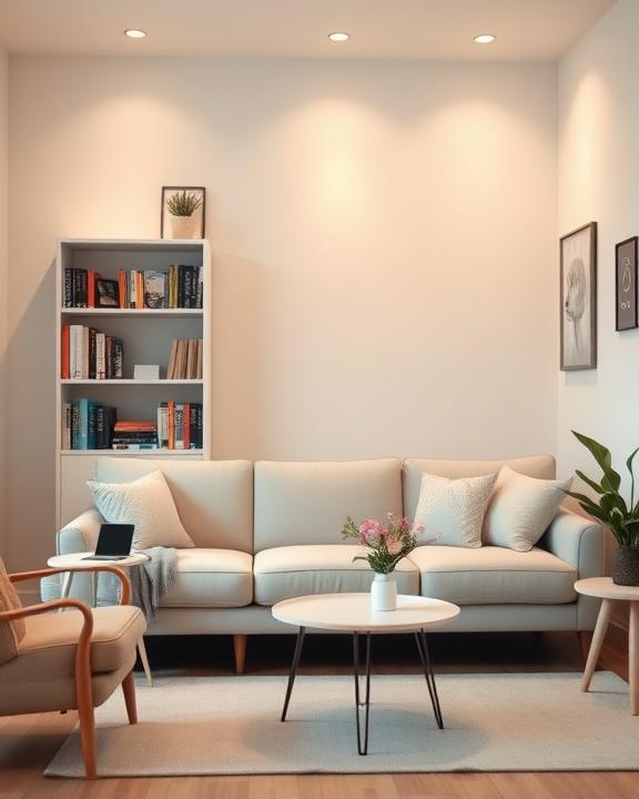 A clean, minimalist living room with beige sofa, white bookshelves, and potted plants, highlighting a calm, organized space.