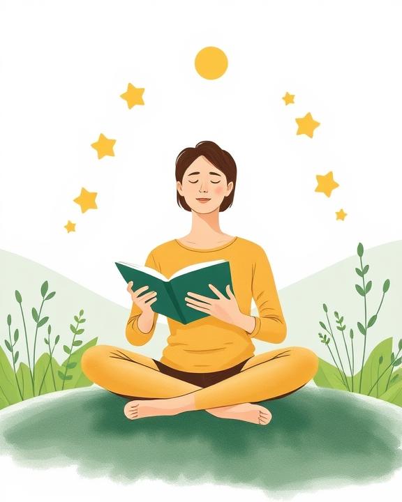 A figure sitting calmly, meditating with a book in hands, surrounded by peaceful nature and glowing stars.