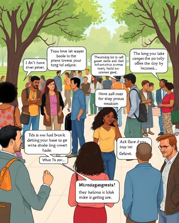 A cartoon illustration of people in a crowd with speech bubbles, depicting examples of microaggressions in a diverse social setting.