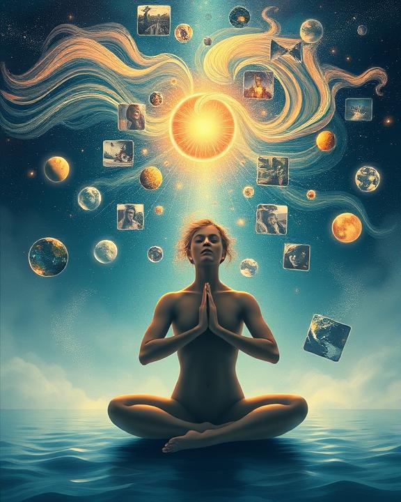 Concept art of a person meditating, surrounded by memories and future visions, symbolizing therapeutic healing.