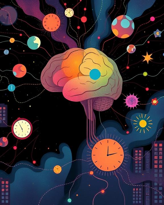 A stylized illustration representing mental time travel, with a brain's network connecting past memories and future projections.