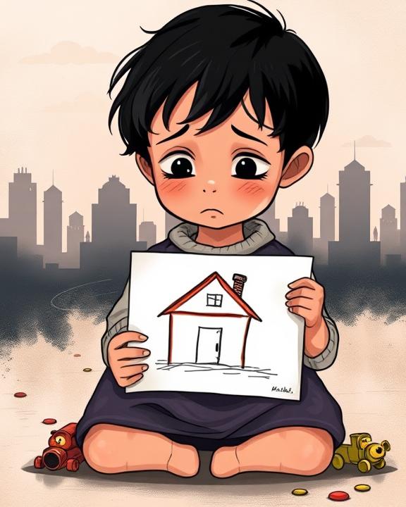 Bambino con disegno di casa