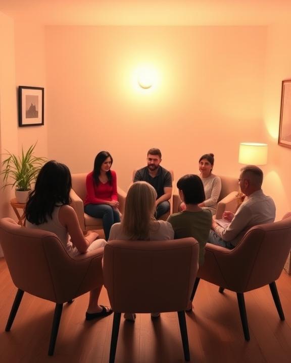 A calming scene depicting a supportive group therapy session for eating disorders, showcasing a cozy setting with participants engaged in sharing experiences.