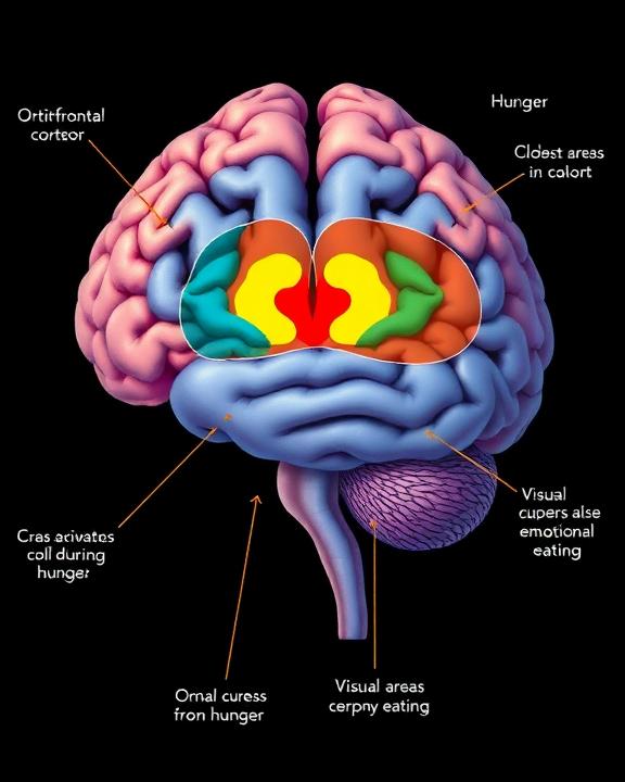 Artistic representation of the brain highlighting areas related to obesity and eating disorders, with colorful diagrams illustrating the orbitofrontal cortex and emotional eating reactions.
