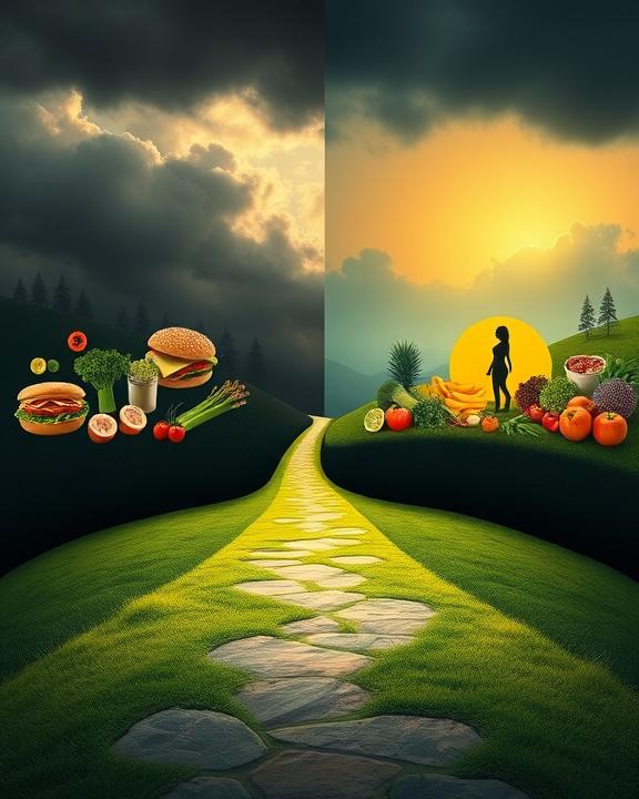 Two landscapes comparing healthy and unhealthy food choices.